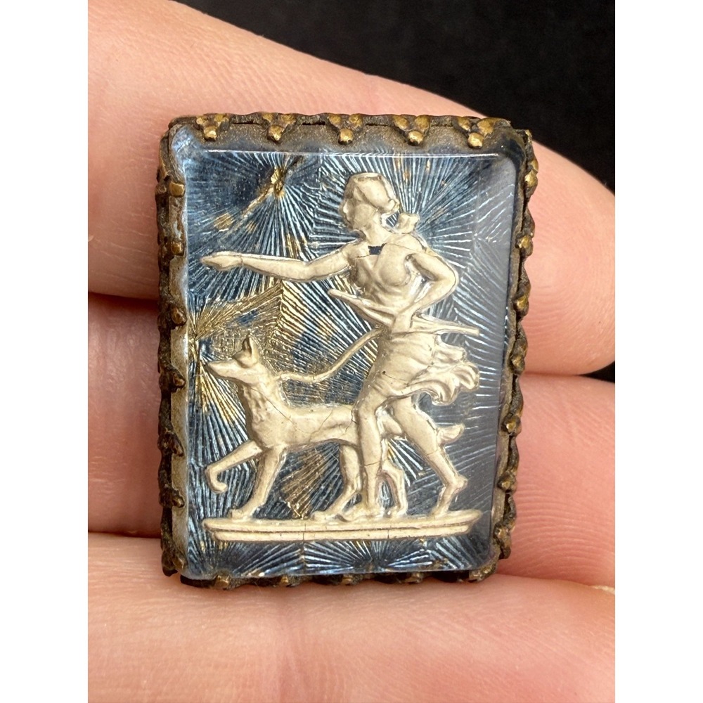 Vintage Brooch Art Deco Sulphide Cameo Roman Goddess Diana and Dog